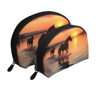 War Plane Trousse à maquillage portable avec fermeture éclair et compartiments intérieurs, Couchers de soleil et chevaux du lac, Taille unique
