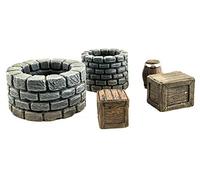 War World Gaming Fantasy Village - Set de Puits, tonneaux et boîtes - 28mm Héroïque Wargaming Médiéval Figurines Maquettes Décor Paysager Modélisme Bâtiment Moyen Âge