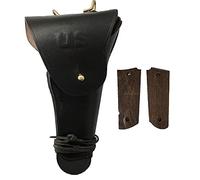 Warcraft Exports US WW2 .45 Brown Hip M1911 Colt Pistol Hip Holster en Cuir avec M1911/1911 .45 Poignées de Pistolet en Bois de Noyer - Reproduction (Combo) (Black)