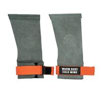 WARM BODY COLD MIND Poignées en cuir avec bandages de poignet pour haltérophilie, dynamophilie, gymnastique, cross-training, tractions, protection de la paume (graphite/orange, L, basique)