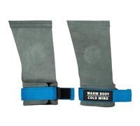 WARM BODY COLD MIND Poignées en cuir avec bandages de poignet pour haltérophilie, dynamophilie, gymnastique, cross-training, tractions, protection de la paume (graphite/bleu, M, basique)
