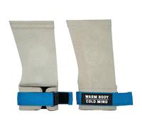 WARM BODY COLD MIND Poignées en cuir avec bandages de poignet pour haltérophilie, dynamophilie, gymnastique, cross-training, tractions, protection de la paume (blanc/bleu, M, basique)