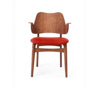 Warm Nordic Chaise Gesture. assise revêtue de textile tissu sunset orange. structure en chêne huilé teck
