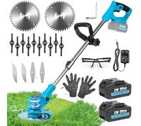 Warmfay Débroussailleuse électrique avec batterie 21 V, avec 2 batteries de 3,0 Ah et 4 types de lames, niveau sonore avec manche télescopique et tête rotative à 90° pour cours, jardins et trottoirs