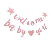 Warmhm Bannière Suspendue Shower pour Bébé Fille Guirlande Décorative en Papier et Polyester Petite Bannière Scintillante Étoiles et Cœurs Décoration Légère pour Fête Prénatale et