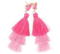 Warmhm Boucles D’Oreilles Bohèmes Pendantes à Pompons Trois Couches de Franges Superposées Couleur Rose Dégradé Légères et Artisanales Bijoux D’Été pour Fêtes et Mariages