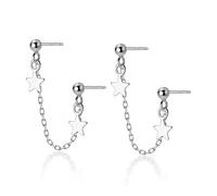 Warmhm Boucles D'oreilles Doubles Pour Deux Trous à Étoile Pendante, En Argenté 925, Pour Femmes, Bijou Chaîne Délicate, Usage Quotidien Et Occasions Spéciales