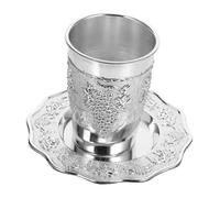 Warmhm Kiddush Wine Cup Set with Saucer for Shabbat Holiday Metal Judaica Alloy Wine Glass and Tray Elegant Religious Celebration