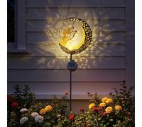 Warmiehomy Guirlande solaire décorative de jardin, guirlande lumineuse lune avec boule de verre fissurée, double mode, lumières solaires à LED chaudes, étanches et rétro en métal pour jardin, pelouse