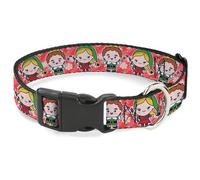 Warner Bros. Holiday Movies Collier pour animal domestique, boucle en plastique, Elfe Chibi Buddy et Jovie Pose Flocons de neige rayés Rouge Blanc 38,1 à 61 cm 2,5 cm de large