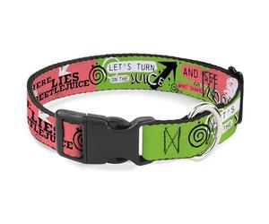 Warner Bros. Horror Movies Collier pour animal domestique, collier pour chien, boucle en plastique, visage et citations Beetlejuice Collage rose, vert, noir, 24,5 à 36,5 cm, 1,3 cm de large