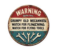 Warning Works Here Grumpy Old Mechanic Watch For Flinging Watch for Flying Tools Round Tin Sign Vintage Metal Poster Retro Bar Home Man Cave, Cuisine, Buanderie Décoration murale Cadeau 20,3 x 20,3 cm