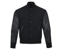 warrior gears Vestes universitaires pour hommes avec corps en laine et manches en cuir, veste bombardier de moto classique rétrman style bombardier à rayures, Tout noir - XS