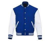 warrior gears Vestes universitaires pour hommes avec corps en laine et manches en cuir, veste bombardier de moto classique rétrman style bombardier à rayures, Bleu roi et blanc - XL