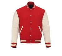 warrior gears Vestes universitaires pour hommes avec corps en laine et manches en cuir, veste bombardier de moto classique rétrman style bombardier à rayures, Rouge et blanc cassé - M