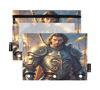 Warrior in Armor Lot de 2 trousses à crayons pour classeur à 3 anneaux Fermeture éclair lisse avec fenêtre en PVC transparent pour fournitures scolaires