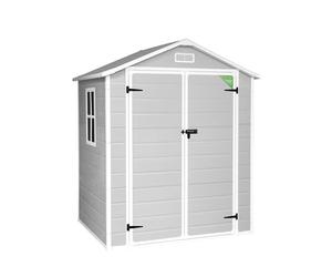 Wasabi Abri de Jardin en Résine Aqua 2.6 - Assemblage Simple - Fenêtre à lumière du Jour - Panneaux de 12mm d'épaisseur - Plancher Inclus - Blanc Gris - Cabane de Stockage extérieur en PVC 2.39m2