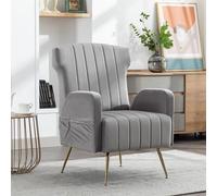 WASAGA Casual Single Sofa, Velours Wingback Chaise Décorative avec des Jambes d'or Métallique Fauteuil Rembourré Salon Chambre Bureau Fauteuil de Lecture Doux et Confortable Dossier Haut (Gris)