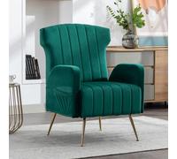 WASAGA Casual Single Sofa, Velours Wingback Chaise Décorative avec des Jambes d'or Métallique Fauteuil Rembourré Salon Chambre Bureau Fauteuil de Lecture Doux et Confortable Dossier Haut (Émeraude)