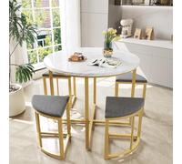 WASAGA Table de Salle à Manger avec Quatre Chaises, Table Moderne de Luxe et Chaises en Velours avec Plateau en MDF et Cadre en Fer Plaqué Or (Blanc+Gris)