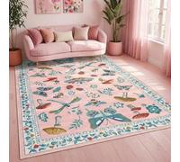 Washable Runner Rug 4x5.5, Whimsical Mushroom Insect Non-Slip Kitchen Runner, Vintage Bedroom Bedside Mat, Low-Pile Soft Entryway Laundry Rug, Dark Pink