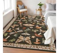 Washable Runner Rug 4x5.5, Whimsical Mushroom Insect Non-Slip Kitchen Runner, Vintage Bedroom Bedside Mat, Low-Pile Soft Entryway Laundry Rug, Brown