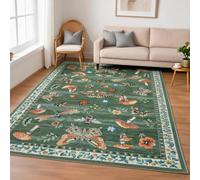 Washable Runner Rug 4x5.5, Whimsical Mushroom Insect Non-Slip Kitchen Runner, Vintage Bedroom Bedside Mat, Low-Pile Soft Entryway Laundry Rug, Green