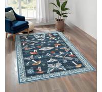 Washable Runner Rug 4x5.5, Whimsical Mushroom Insect Non-Slip Kitchen Runner, Vintage Bedroom Bedside Mat, Low-Pile Soft Entryway Laundry Rug, Blue