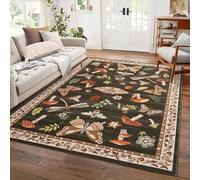 Washable Runner Rug 5.2x7.5, Whimsical Mushroom Insect Non-Slip Kitchen Runner, Vintage Bedroom Bedside Mat, Low-Pile Soft Entryway Laundry Rug, Brown