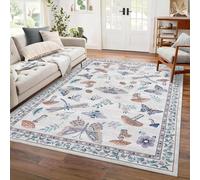 Washable Runner Rug 5.2x7.5, Whimsical Mushroom Insect Non-Slip Kitchen Runner, Vintage Bedroom Bedside Mat, Low-Pile Soft Entryway Laundry Rug, Beige