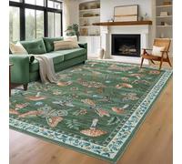 Washable Runner Rug 5.2x7.5, Whimsical Mushroom Insect Non-Slip Kitchen Runner, Vintage Bedroom Bedside Mat, Low-Pile Soft Entryway Laundry Rug, Green