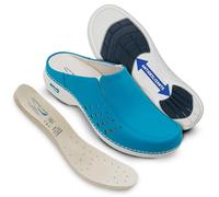 Wash'Go Berlin - Sabots sanitaires pour Femmes et Hommes | Sabots en Cuir lavables | Antidérapants (Bleu Ciel, Système Taille Chaussures EU, Adulte, Numérique, Moyen, 39)