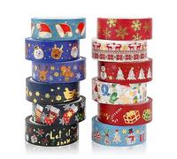 Washi Tape Noël 12 rouleaux Washi Masking Tape Adhésif Ruban décoratifs Papier Tape pour bullet journal Scrapbooking Artisanat de bricolage Fournitures de fête de bureau emballage de cadeaux (Rouge)