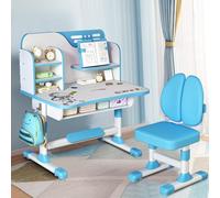 Washranp Ensemble table et chaise pour enfants facile à assembler, réglable en hauteur, ensemble bureau et chaise, bureau pour enfants avec grand tableau à écrire, bibliothèque, tiroir, bureau pour