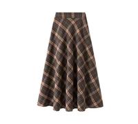 Washranp Jupe d'inspiration rétro mi-longue automne hiver femme taille haute élastique imprimé carreaux couleur assortie A-line Big Swing épais chaud doux fronces, marron, Large