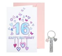 Wasise Carte d'anniversaire 16 ans - Carte d'anniversaire 16 ans pour fille et fleur de cerisier avec porte-clés, cartes de date de naissance pour adolescentes, filles, petite-fille, nièce, sœur