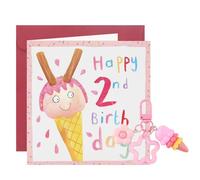 Wasise Carte d'anniversaire pour fille de 2 ans - Cadeau de 2e anniversaire pour fille, carte d'anniversaire pour fille, petite-fille, intérieur vierge avec enveloppe, livré avec porte-clés
