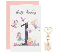 Wasise Carte de 1er anniversaire - Carte de premier anniversaire, adorable carte de 1 an avec porte-clés souvenir, fée, premier anniversaire, fée rose, princesse, carte d'anniversaire pour fille