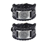 Wasise Lot de 2 bracelets viking en cuir pour homme et femme, réglables et vintage, boussole, bracelets en cuir noir avec motif rune et vegvisir, bijoux viking pour homme et femme