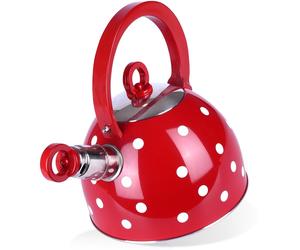 Wasserkocher mit Pfeife, Stahl, rot mit Punkten, 1,5 l