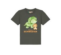 watabout.kids T-Shirt 'Dinosaurier 07 Kleine Schwester' kaki / vert clair / orange, Taille 122-128
