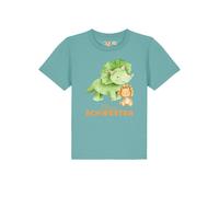watabout.kids T-Shirt 'Dinosaurier 07 Kleine Schwester' turquoise / vert clair / orange, Taille 134-146