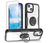 WATACHE Compatible avec la Coque iPhone 14 avec Protection d'écran en Verre trempé, Coque en Cristal Transparent avec béquille à Anneau de Rotation, Noir