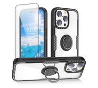 WATACHE Compatible avec la Coque iPhone 14 Pro avec Protection d'écran en Verre trempé, Coque Anti-Rayures en Cristal Transparent avec béquille à Anneau de Rotation, Noir