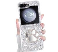 WATACHE Galaxy Z Flip 5 Case Glitter Love Paw Mirror Flip Protective Cover for Samsung Galaxy Z Flip 5 2023 5G for Women Girl - Paw
