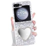 WATACHE Galaxy Z Flip 5 Case Glitter Love Paw Mirror Flip Protective Cover for Samsung Galaxy Z Flip 5 2023 5G for Women Girl - Silver