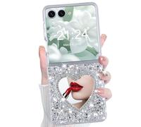 WATACHE Galaxy Z Flip 8 Case Glitter Love Heart Mirror Flip Protective Cover for Samsung Galaxy Z Flip 8 5G for Women Girl - Silver