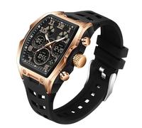 Watch for Men Fashion Hollow Unique Rectangle Dial Wristwatch Waterproof Sport Digital Analog Dual Time Display Stopwatch Punk Cool Design Silicon Strap Dress Watch