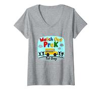 Watch Out PreK - Jalon du 1er Jour de la Maternelle T-Shirt avec Col en V, Femme, Gris Chiné, XL