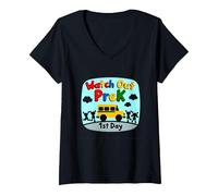 Watch Out PreK - Jalon du 1er Jour de la Maternelle T-Shirt avec Col en V, Femme, Noir, XXL